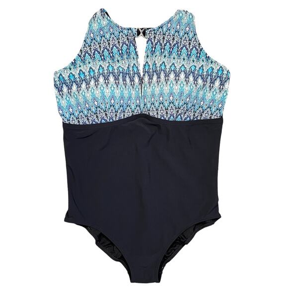 Profile by Gottex Blue Multi Abstract High-Neck One Piece Swimsuit Women Size 16 - Picture 1 of 9